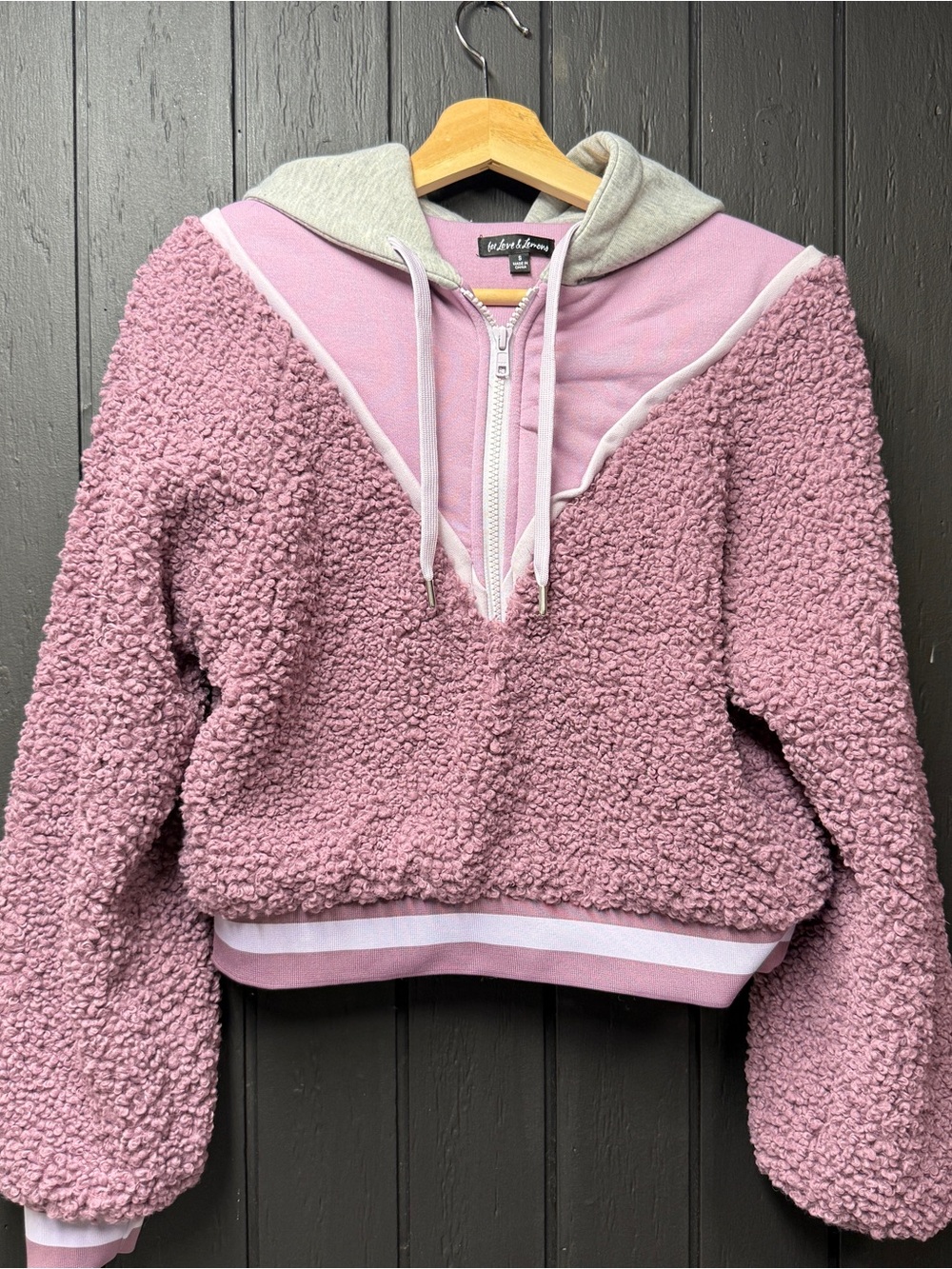 For Love And Lemons Sloane Sherpa Half-Zip Crew Pullover with Gray Hood